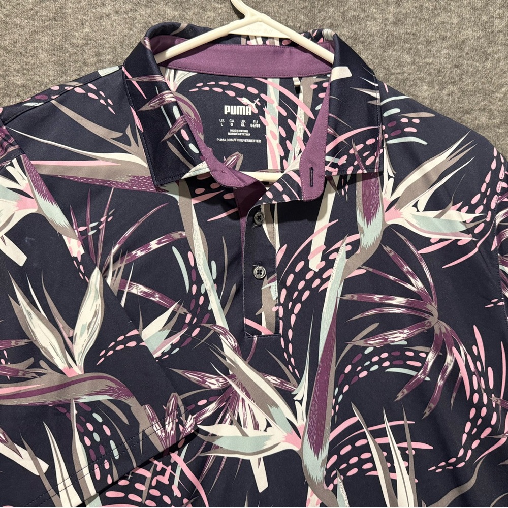 Puma MATTR Birds of Paradise Polo Golf Shirt Mens L purple pink floral printed